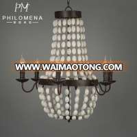 New European vintage wooden beads chandelier 6-lights wrought iron crown pendant lighting with UL/CE